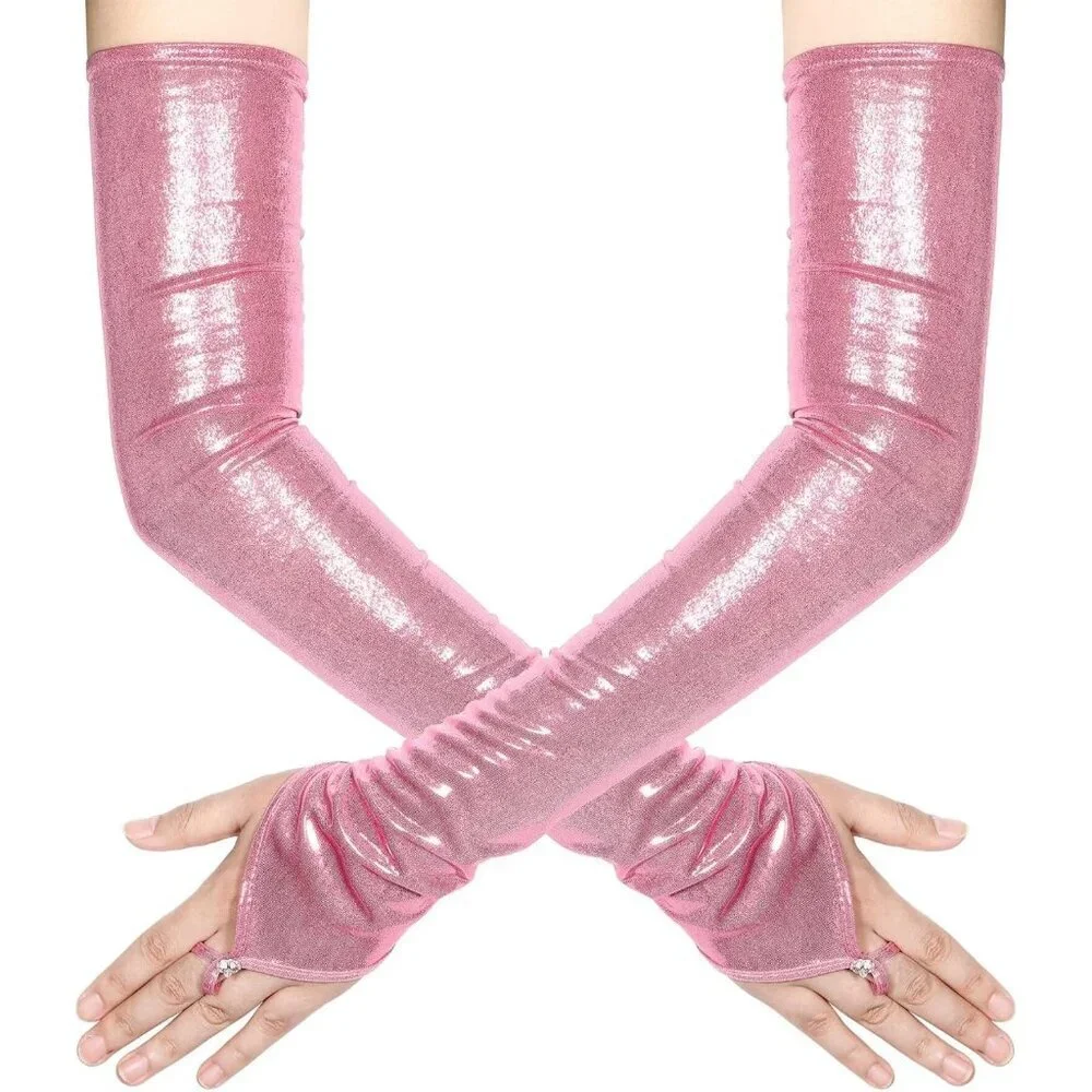 Women's Pink Shiny Elastic Satin Rave Fingerless Long Gloves Party Costume